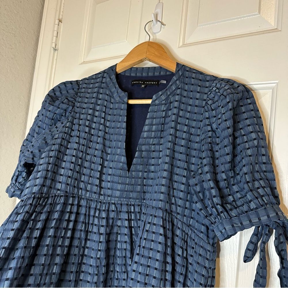 English Factory Turquoise Gingham Tiered Midi Dress Sz XS Cottage Dark Academia - Picture 3 of 9